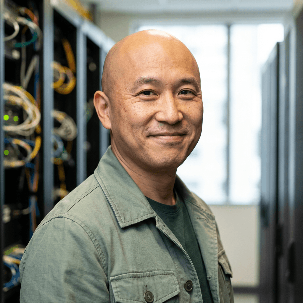 Marcus Chen in a collared shirt in a server room