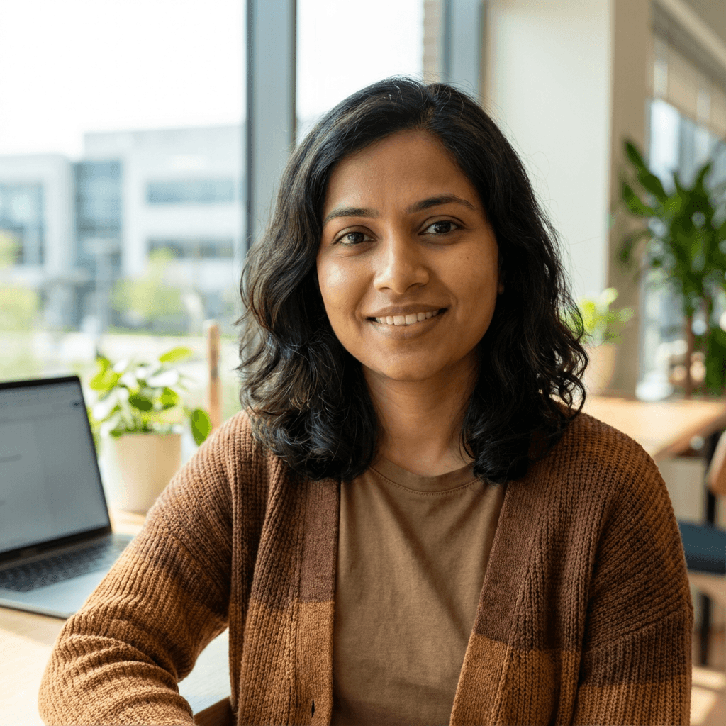 Priya Sharma in a blazer in a modern office with blurred screens