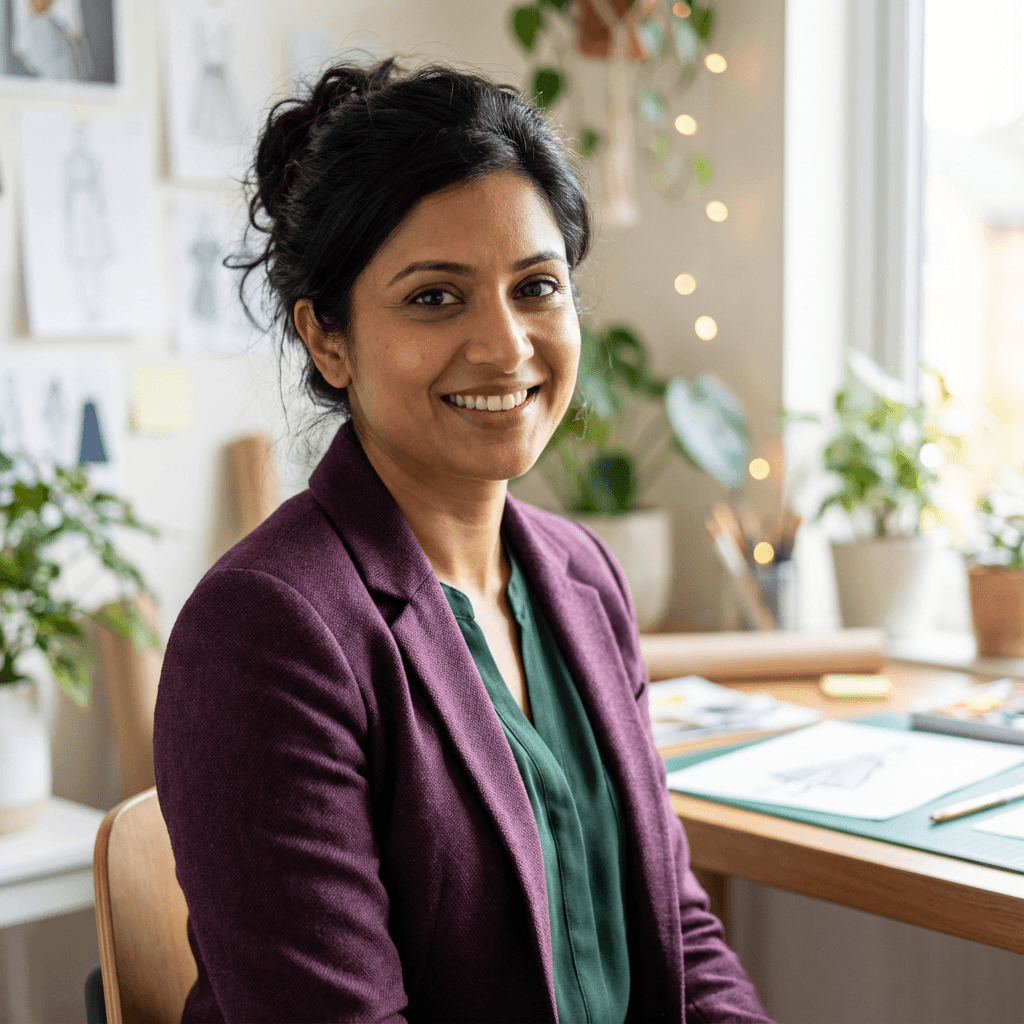 Portrait of Priya Sharma, female, late 30s, South Asian, confident and professional