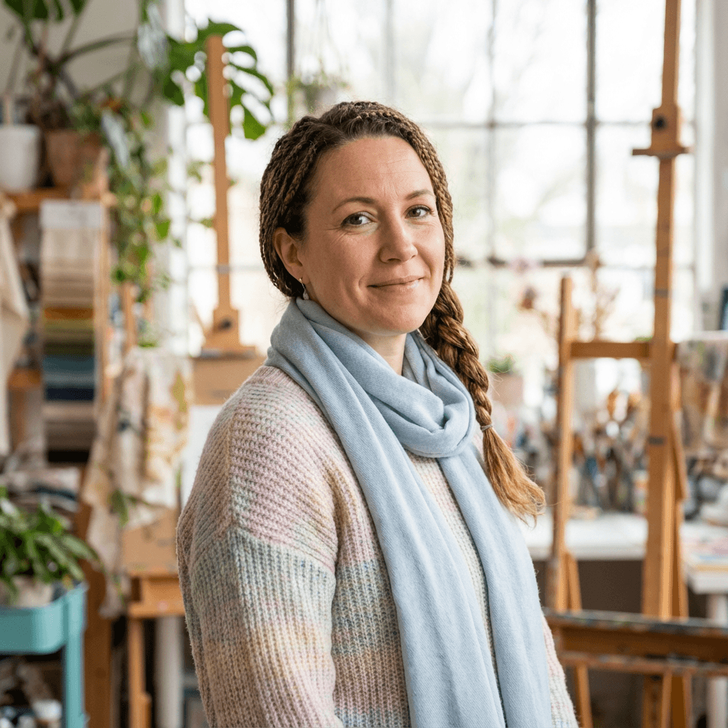 Portrait of Elena Kovacs, female, mid 40s, White, sharp and thoughtful