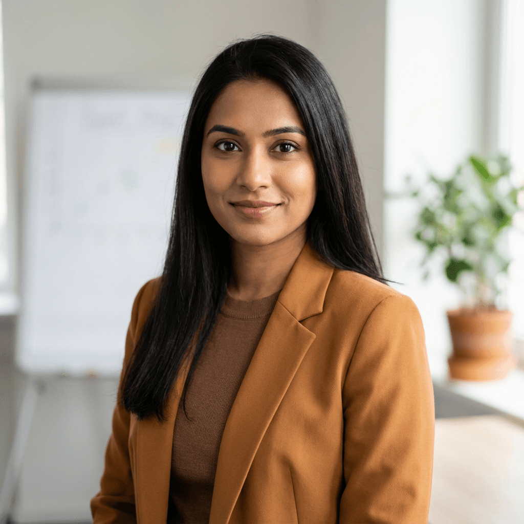 Priya Raman in a modern office