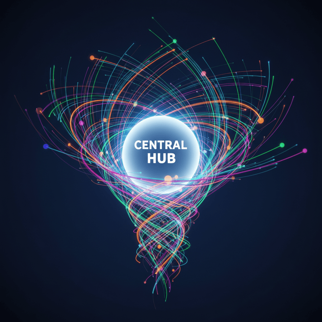 Network graph visualization with multiple colored paths converging on a central glowing node