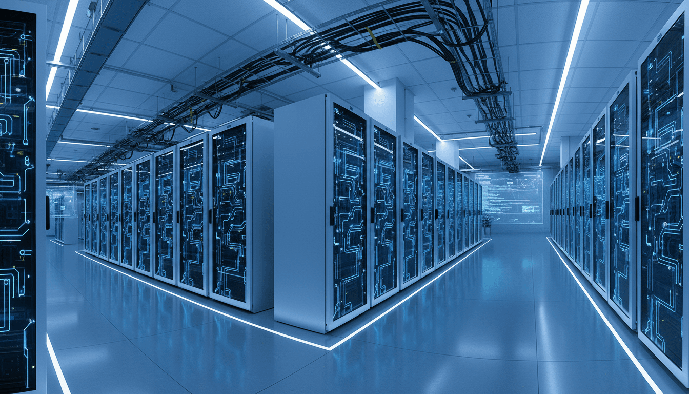 Dedicated GPU server racks in a private data center with blue LED lighting