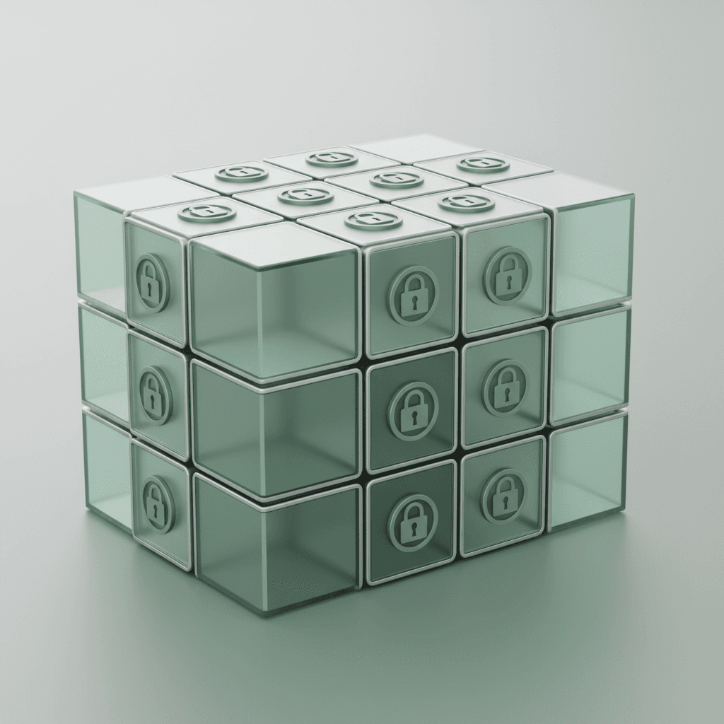 Abstract 3D render of a grid of isolated secure compartments, each marked with a lock icon