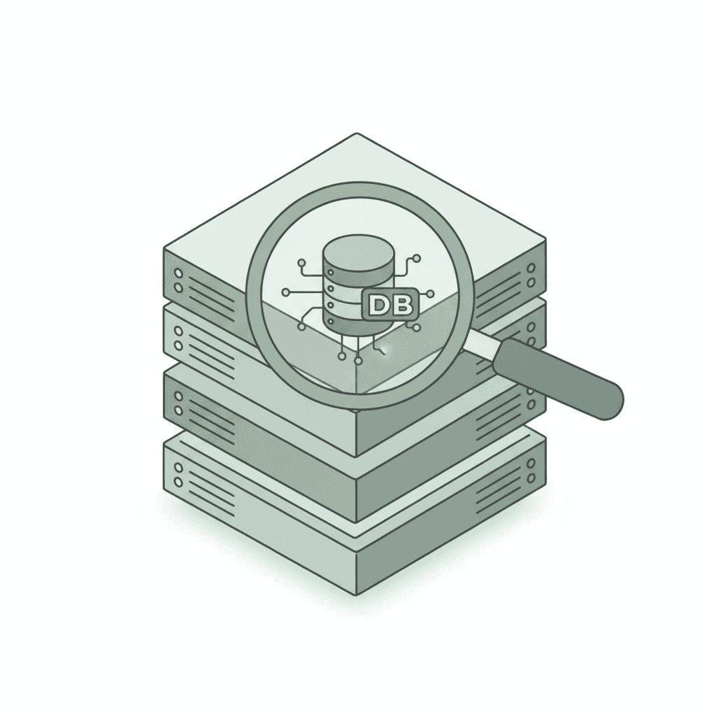 Isometric illustration of a server stack with a magnifying glass focusing on an internal database node