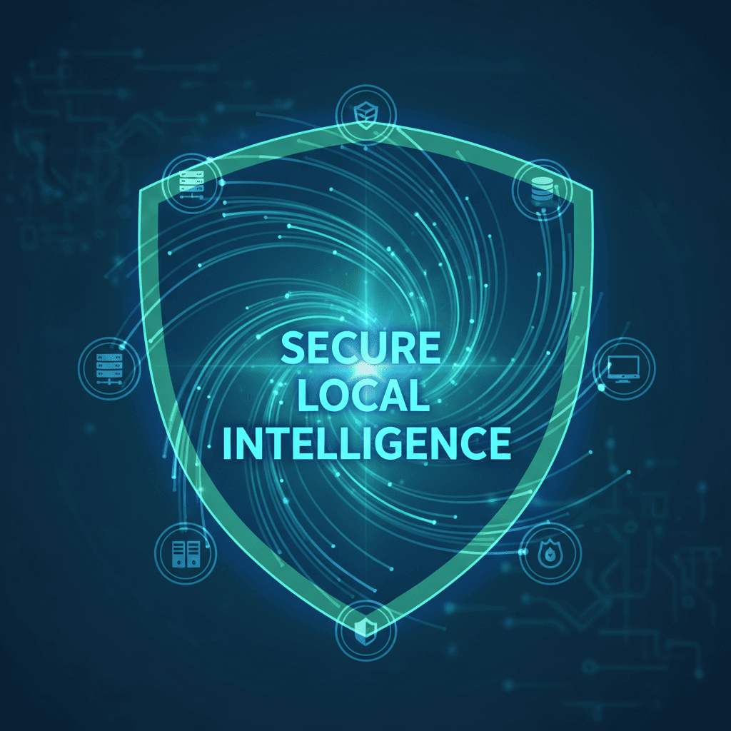 Flat vector diagram of a closed local network system with data flowing only within a boundary marked by a shield icon