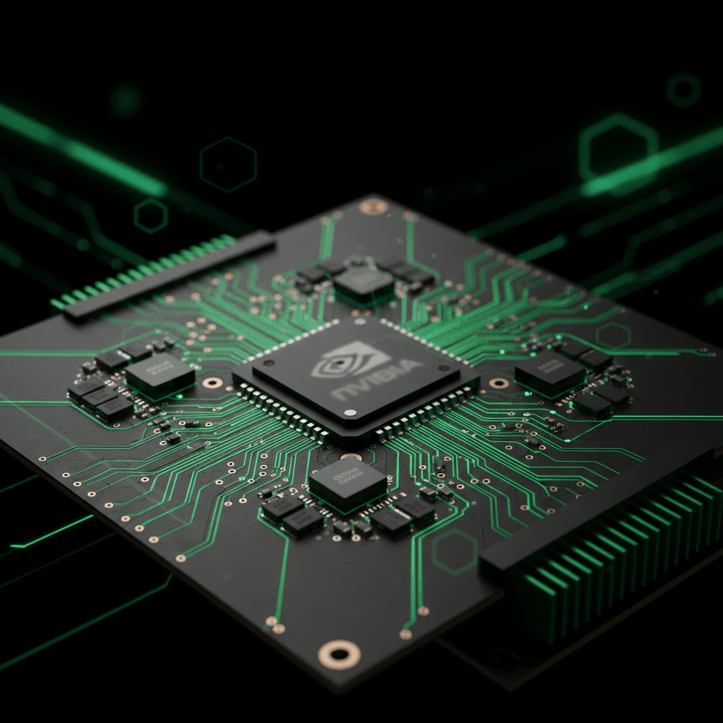 Close-up of a GPU circuit board with glowing green traces on a dark background