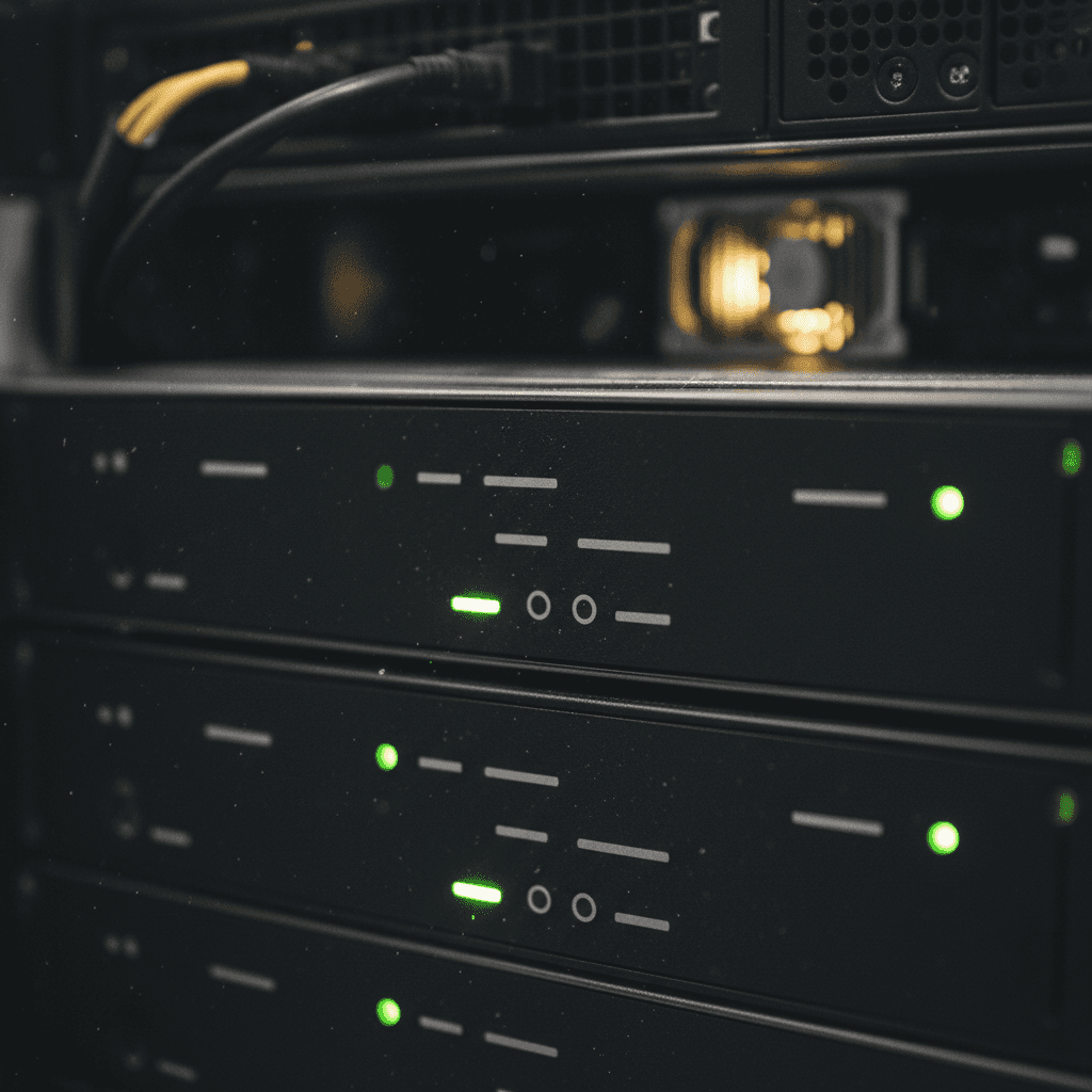 Close-up of dark server hardware with subtle green and gray LED indicators