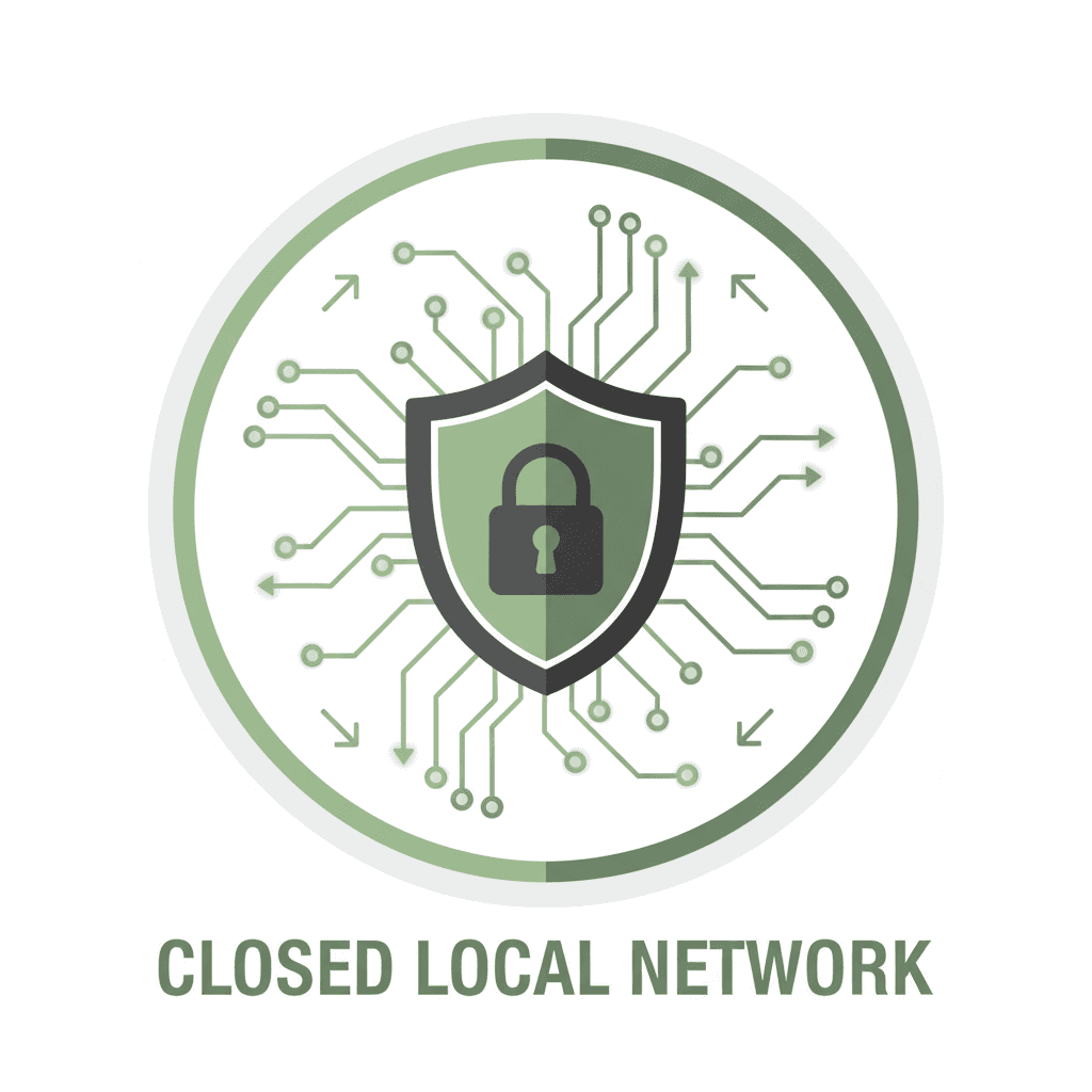 Flat vector diagram of a closed local network system with data flowing only within a boundary marked by a shield icon