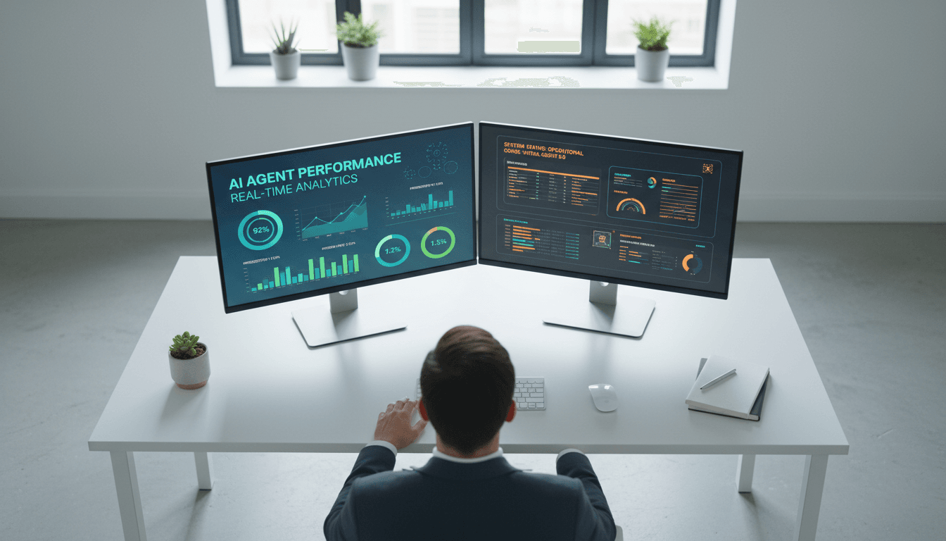 Overhead view of a dual-monitor setup showing the Amalgis dashboard layout