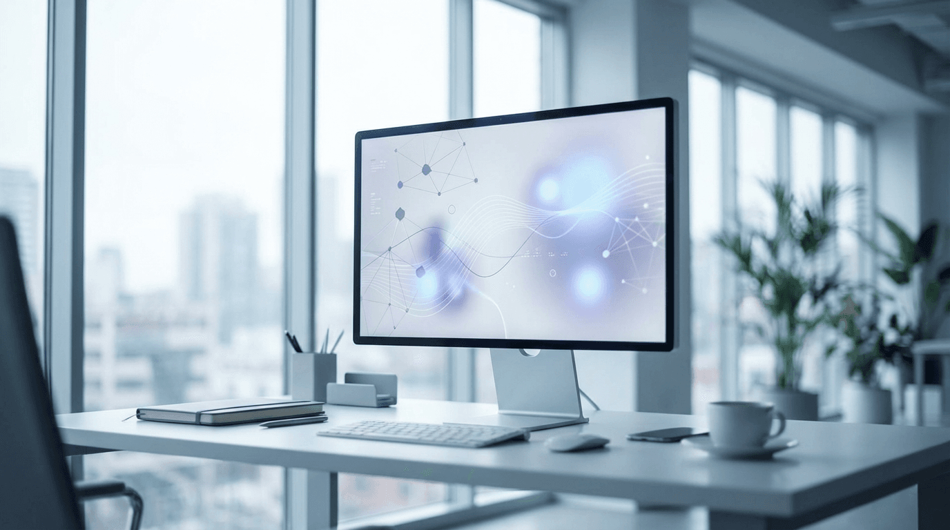Vertical view of a monitor showing a blurred network data visualization