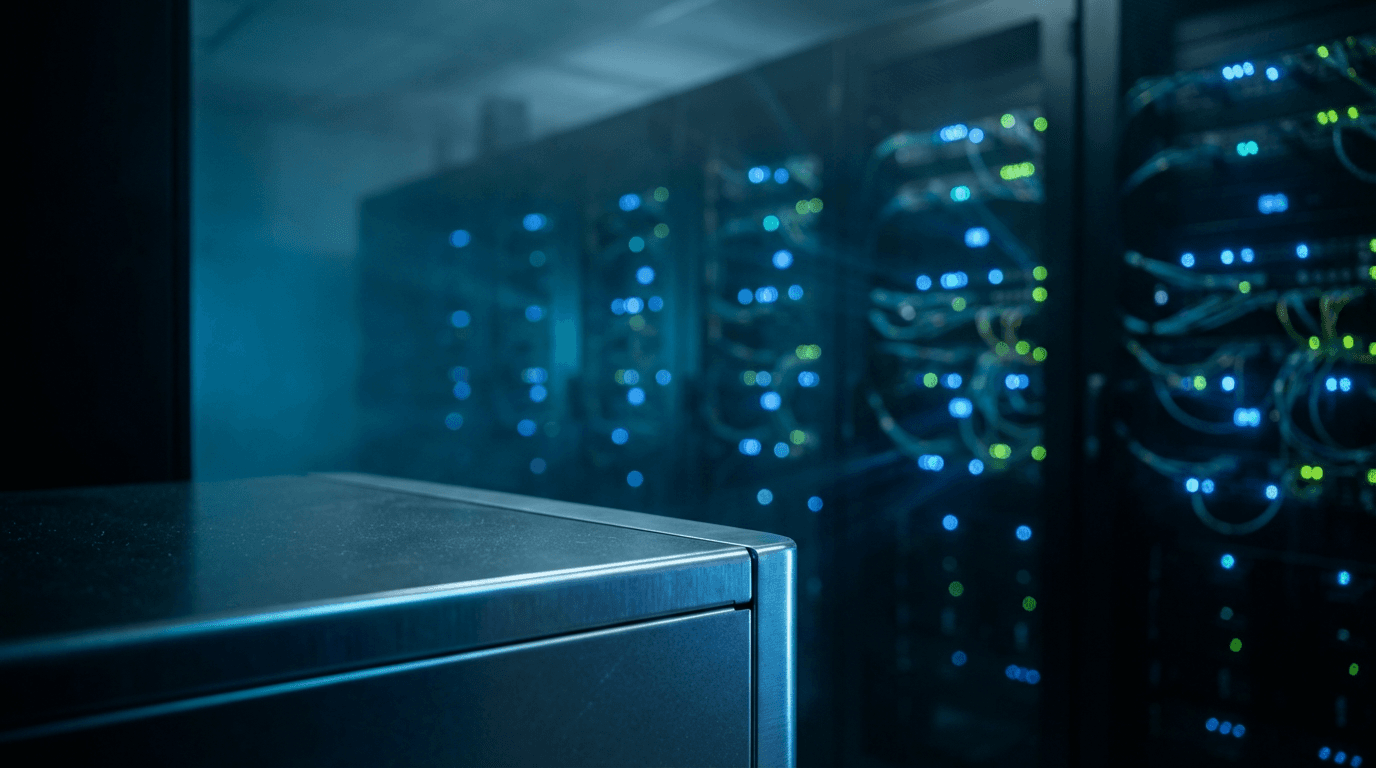 A single, imposing server tower in a dark, isolated server room