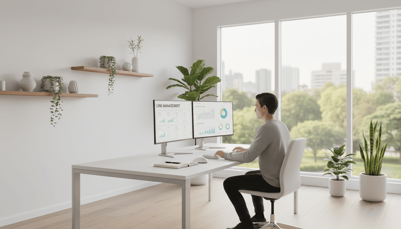 Modern workspace with dual monitors displaying abstract data visualizations