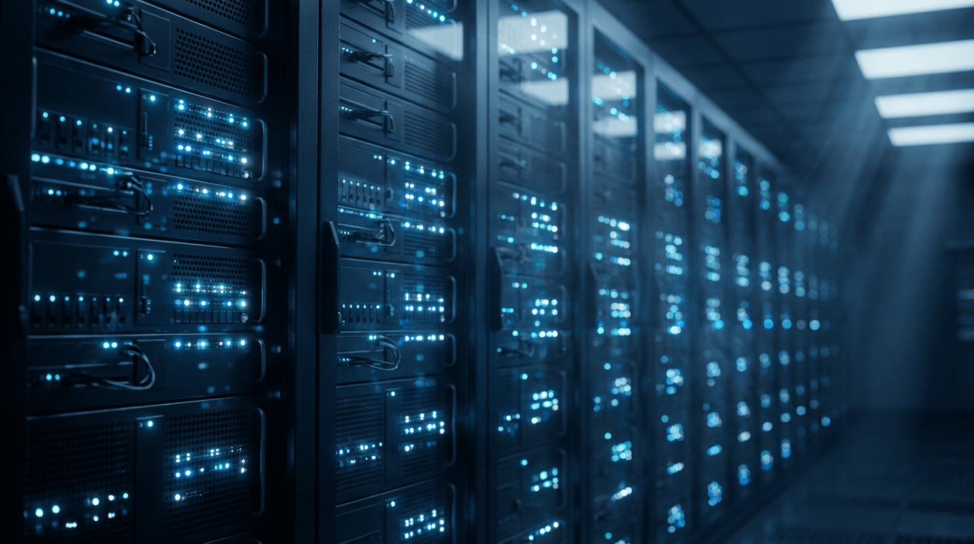 Close-up of a matte-black GPU server rack in a private data center
