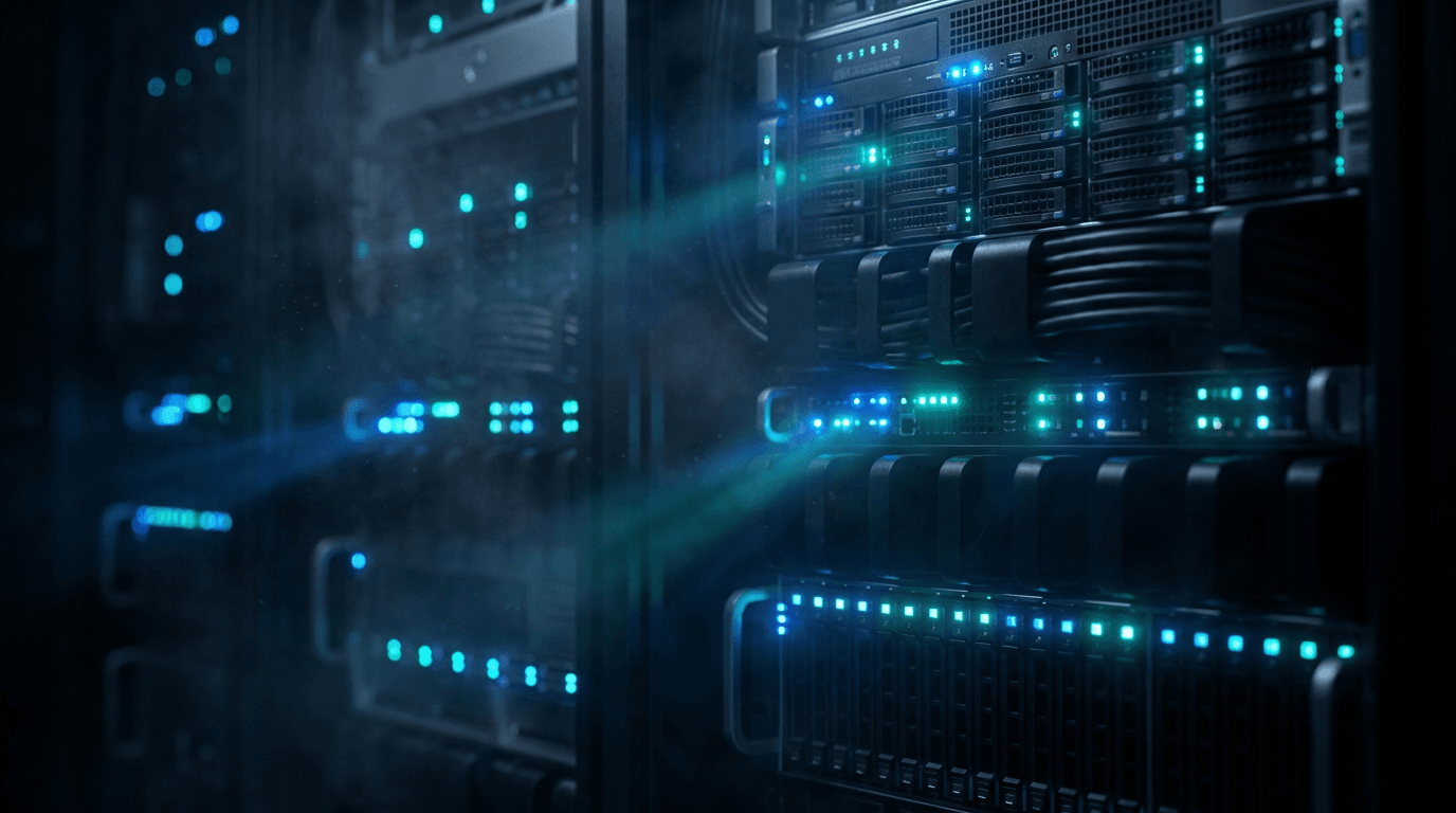 Rack-mounted GPU servers with cable management in a dim data room