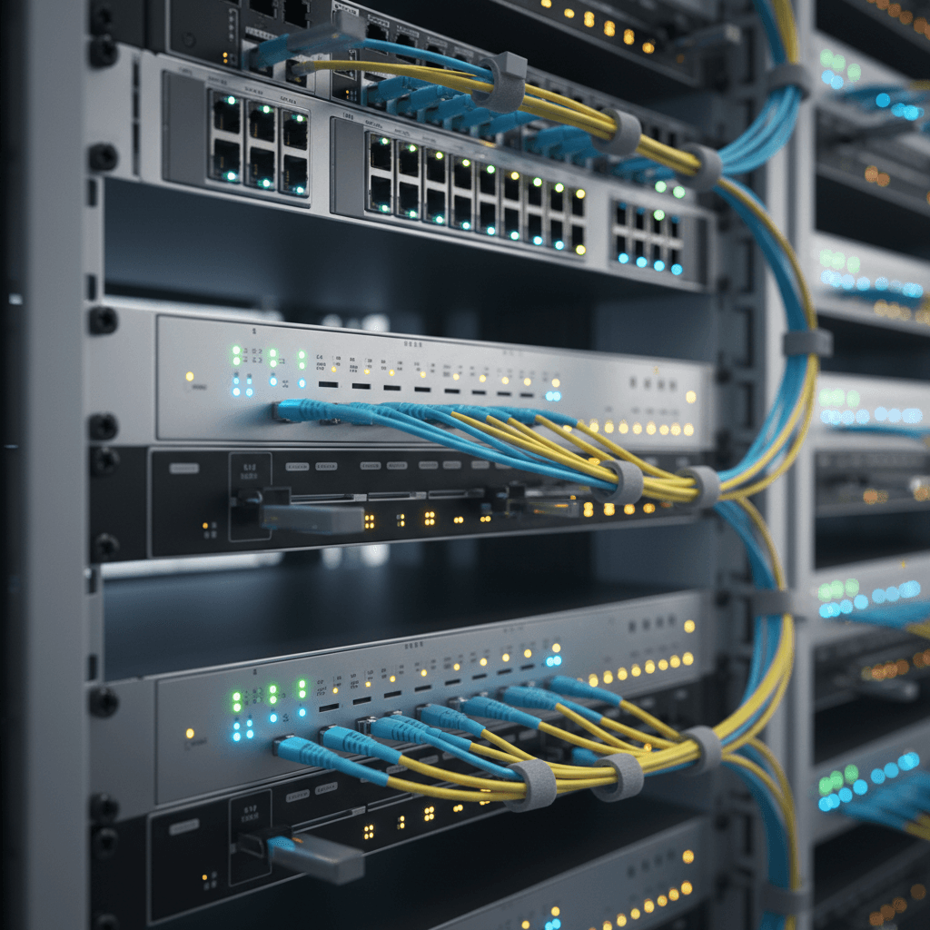 Close-up of a server rack with glowing status lights